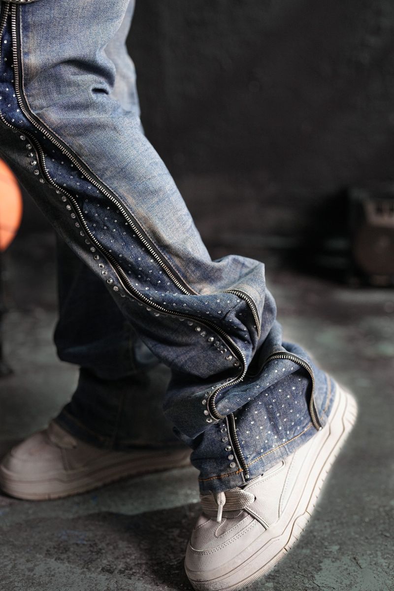 Secret Stone Vintage Premium Mens Stacked Jeans + Chain
