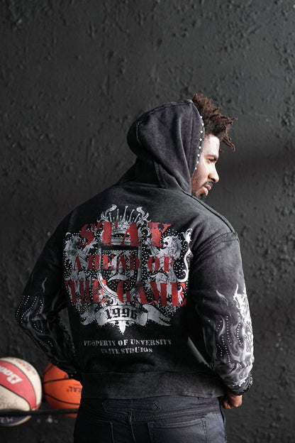 Saints Black Washed Rhinestone Premium Mens Hoodie + Pearls
