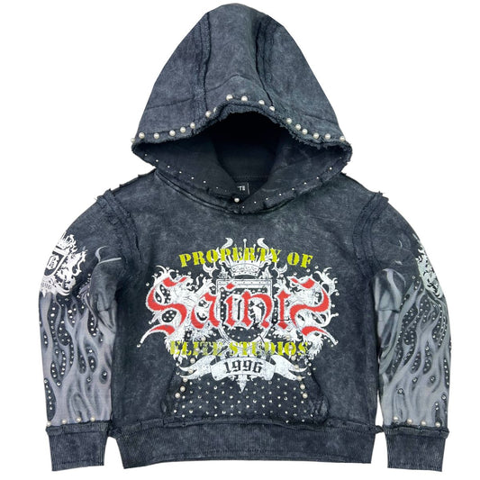 Saints Black Thunder Rhinestones Washed Premium Kids Hoodie