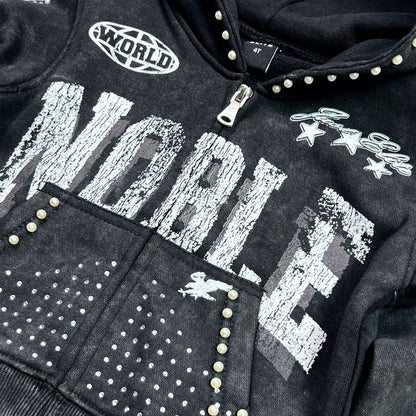 Noble White on Black Rhinestones Washed Premium Kids Hoodie