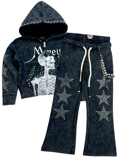 Black Skull Rhinestone Pearls Premium Kids Fleece Set
