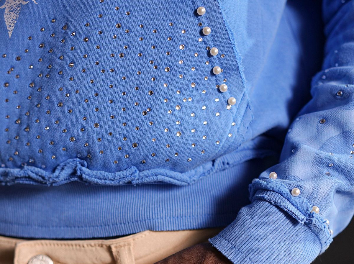 Saints Blue Washed Rhinestone Premium Mens Hoodie + Pearls