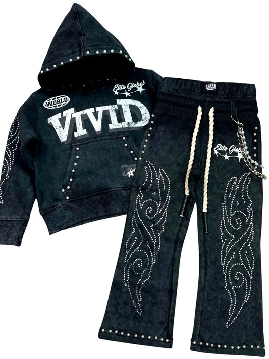 (Pre-Order) Vivid Black Rhinestone Pearls Premium Kids Track Set