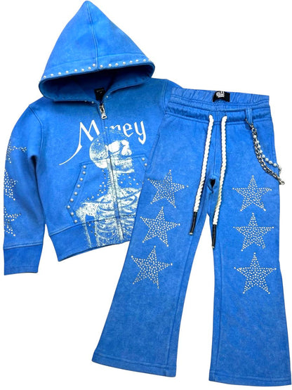 Blue Skull Rhinestone Pearls Premium Kids Fleece Set