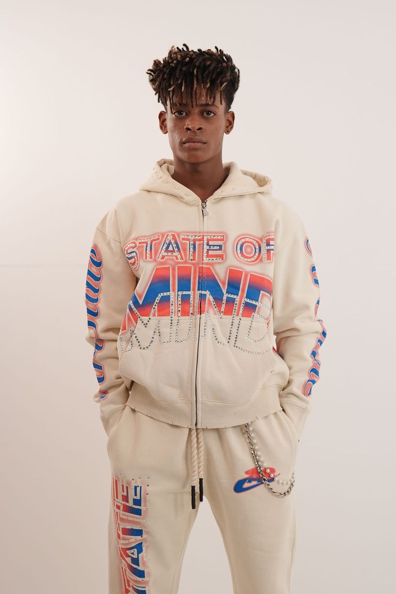 State Cream Rhinestone Premium Mens Fleece Set