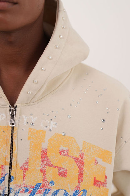 Praise Off-White Rhinestone Premium Mens Hoodie + Pearls Zip Up