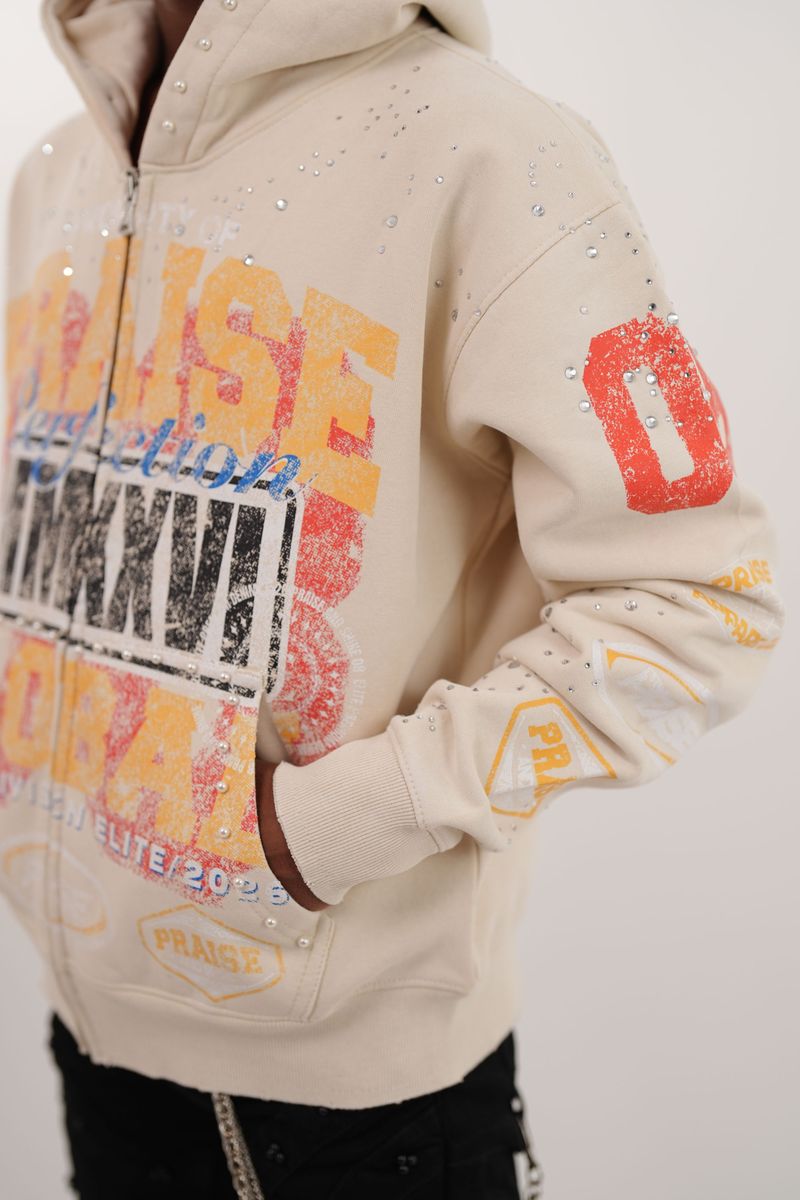 Praise Off-White Rhinestone Premium Mens Hoodie + Pearls Zip Up