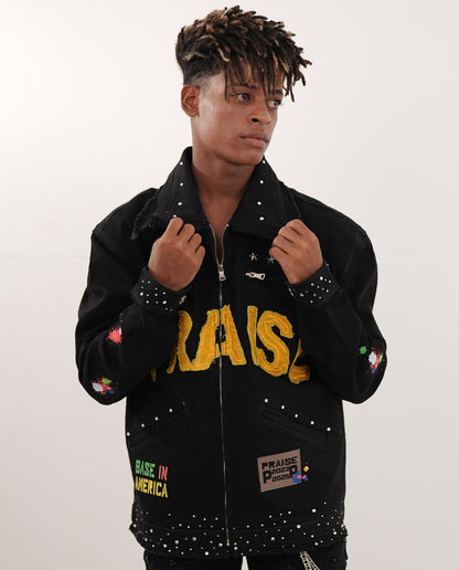 Praise Embellished Premium Mens Denim Jacket Onyx