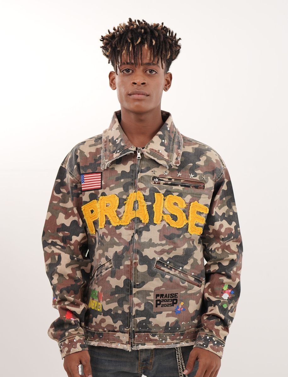 Praise Embellished Premium Mens Denim Jacket Camo