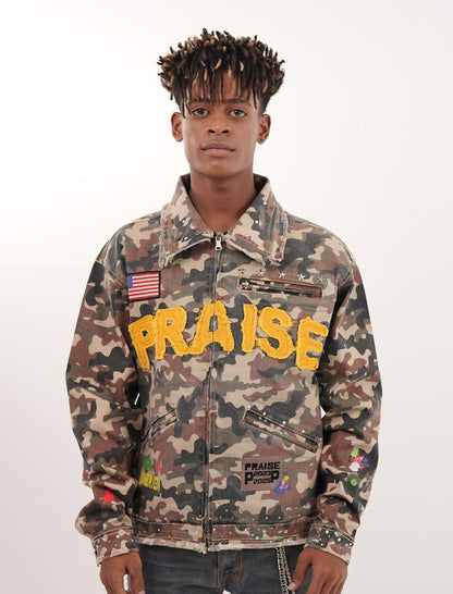 Praise Embellished Premium Mens Denim Jacket Camo