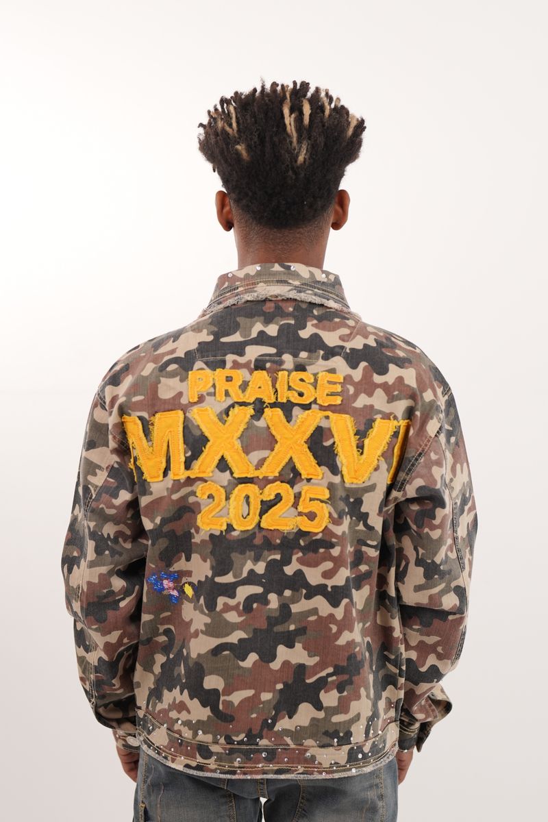 Praise Embellished Premium Mens Denim Jacket Camo