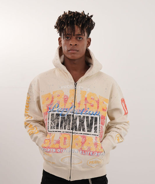 Praise Off-White Rhinestone Premium Mens Hoodie + Pearls Zip Up