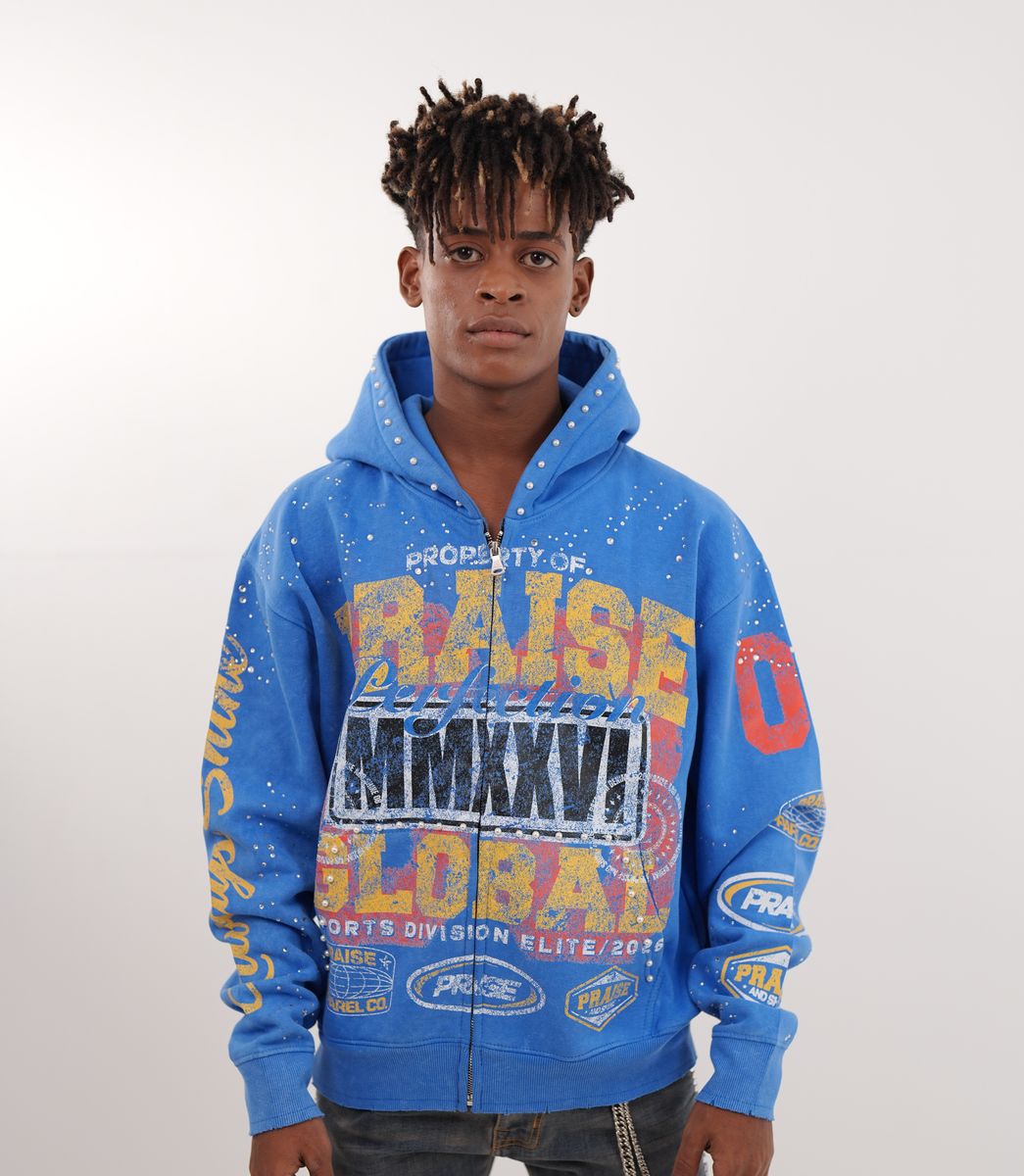 Praise Blue Rhinestone Premium Mens Hoodie + Pearls Zip Up