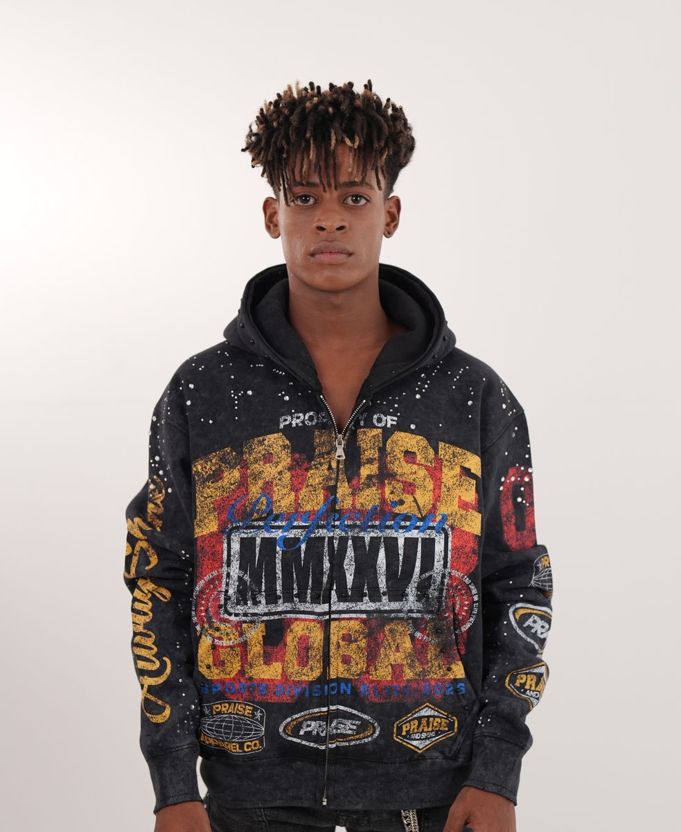 Praise Black Rhinestone Premium Mens Hoodie + Pearls Zip Up