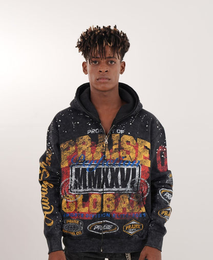 Praise Black Rhinestone Premium Mens Hoodie + Pearls Zip Up