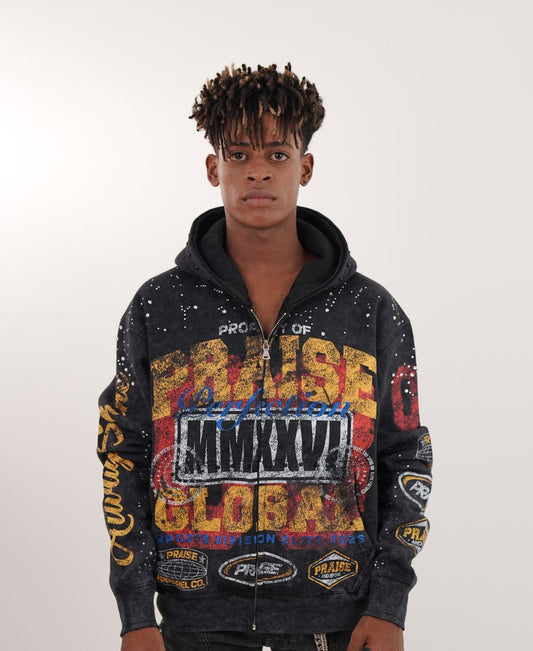 Praise Black Rhinestone Premium Mens Hoodie + Pearls Zip Up