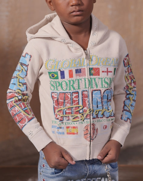 Global Dreams Rhinestone Embellished Cream Kids Zip Up Hoodie