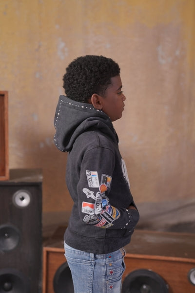 Unfazed Black Rhinestones Premium Embellished Kids Hoodie