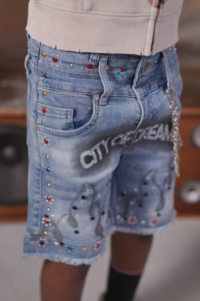 Dreams Double Waisted Embellished Blue Kids Jorts