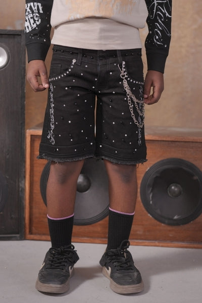 Greatness Double Waisted Embellished Black Kids Jorts