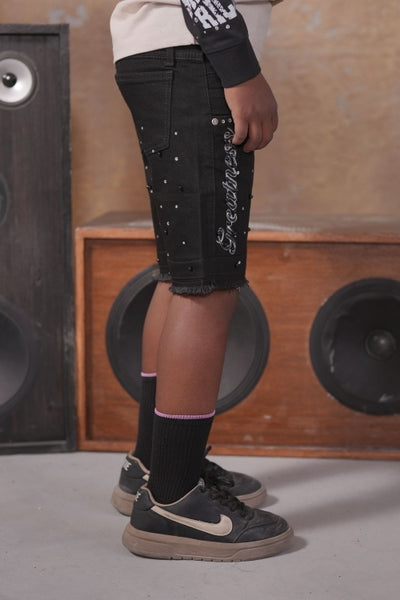 Greatness Double Waisted Embellished Black Kids Jorts
