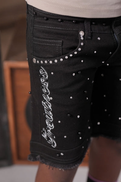 Greatness Double Waisted Embellished Black Kids Jorts