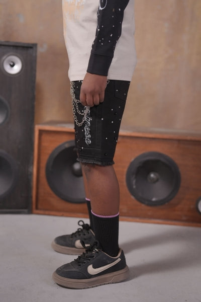 Greatness Double Waisted Embellished Black Kids Jorts