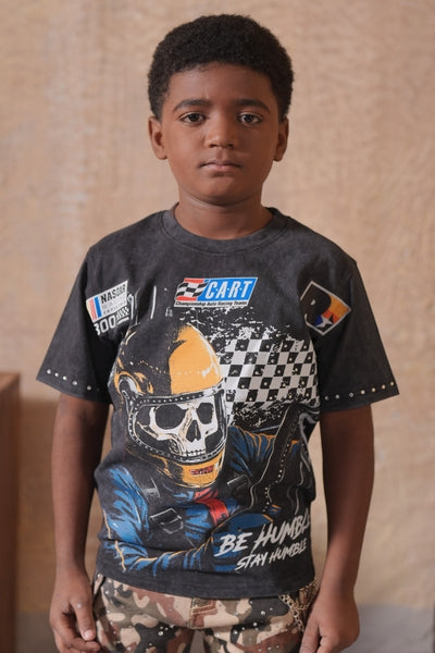 Fast Car Washed Heavy Embellished Black Kids Tee