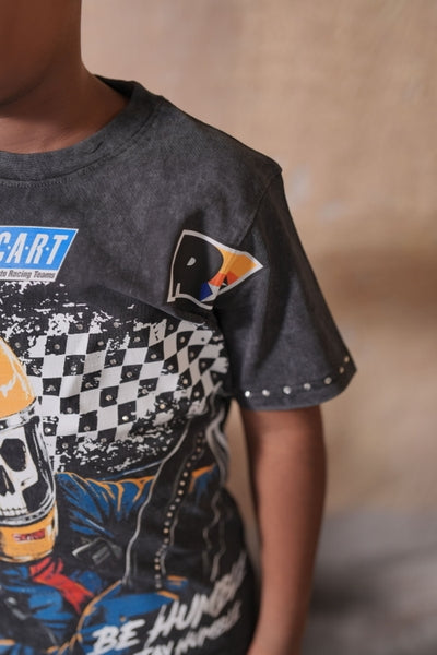 Fast Car Washed Heavy Embellished Black Kids Tee