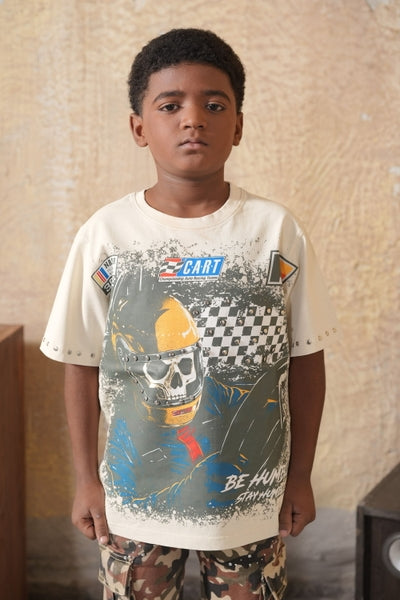 Fast Car Washed Heavy Embellished Cream Kids Tee