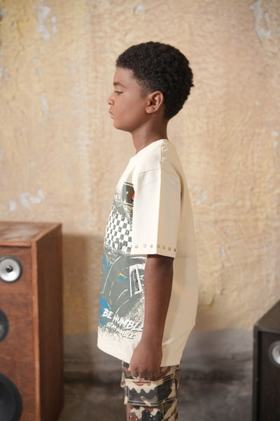 Fast Car Washed Heavy Embellished Cream Kids Tee