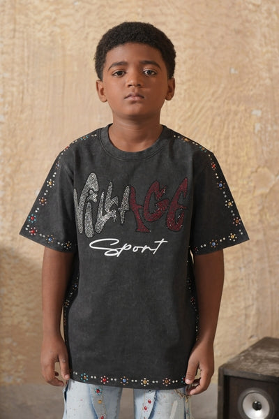 VS Washed Heavy Embellished + Rhinestone Black Kids Tee