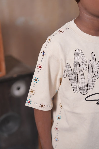 VS Washed Heavy Embellished + Rhinestone Cream Kids Tee