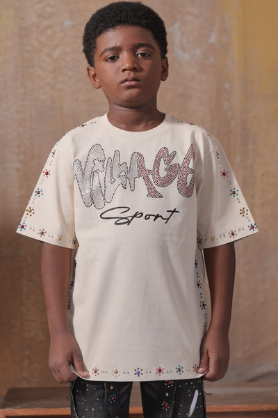 VS Washed Heavy Embellished + Rhinestone Cream Kids Tee