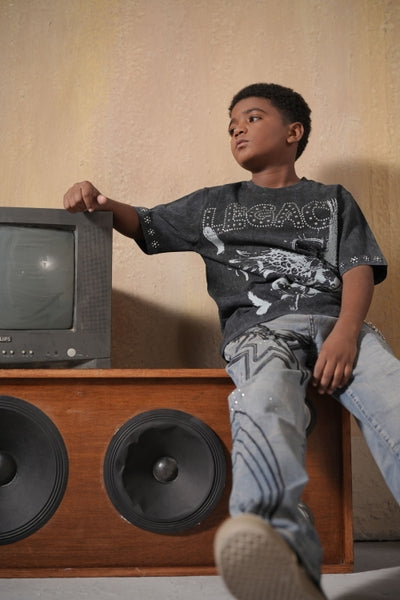Legacy Washed Heavy Embellished + Rhinestone Black Kids Tee