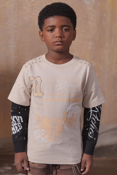 Riches Cream Rhinestones Embellished Kids Thermal Tee