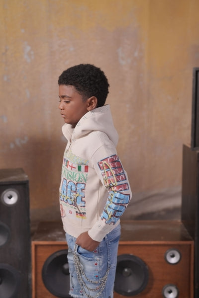 Global Dreams Rhinestone Embellished Cream Kids Zip Up Hoodie