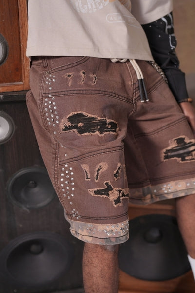 2Tone Premium Embellished Mocha Mens Jorts + Chain