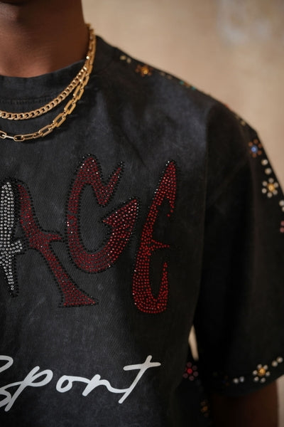 Village Sport Washed Black Heavy Rhinestone Mens Tee