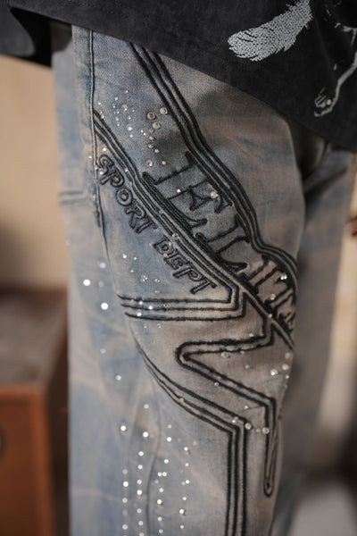 Vintage Elitestar Premium Embellished Mens Baggy Jeans + Chain