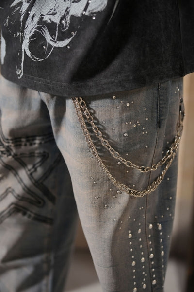 Vintage Elitestar Premium Embellished Mens Baggy Jeans + Chain