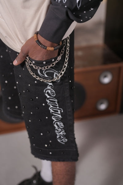 Greatness Double Waisted Embellished Black Mens Jorts + Chain