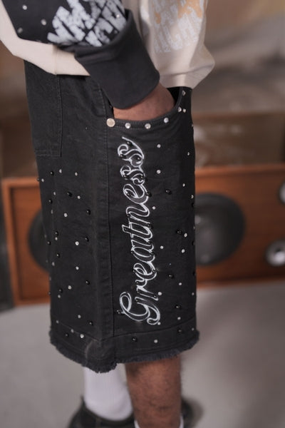 Greatness Double Waisted Embellished Black Mens Jorts + Chain
