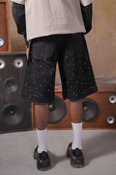 Greatness Double Waisted Embellished Black Mens Jorts + Chain