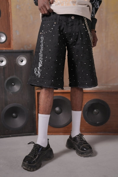 Greatness Double Waisted Embellished Black Mens Jorts + Chain