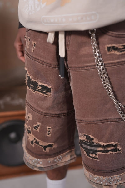 2Tone Premium Embellished Mocha Mens Jorts + Chain