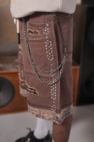 2Tone Premium Embellished Mocha Mens Jorts + Chain