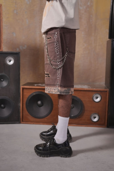 2Tone Premium Embellished Mocha Mens Jorts + Chain