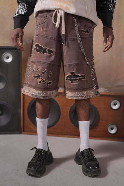 2Tone Premium Embellished Mocha Mens Jorts + Chain