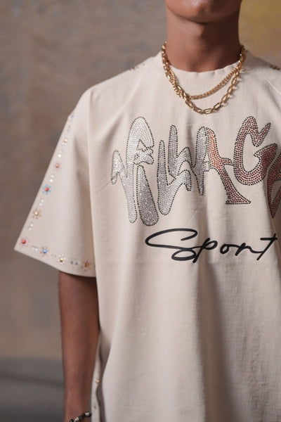 Village Sport Washed Beige Heavy Rhinestone Mens Tee